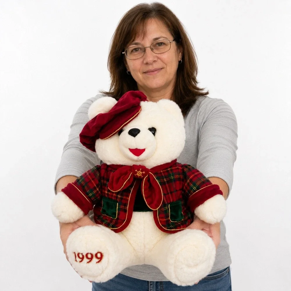Vintage 1999 Snowflake Teddy White Plush Bear Holiday Plaid Jacket 16 Inch